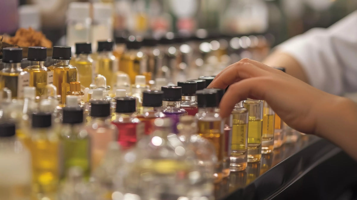 Hand selecting one bottle of fragrance oil from a row of small perfume vials with black caps