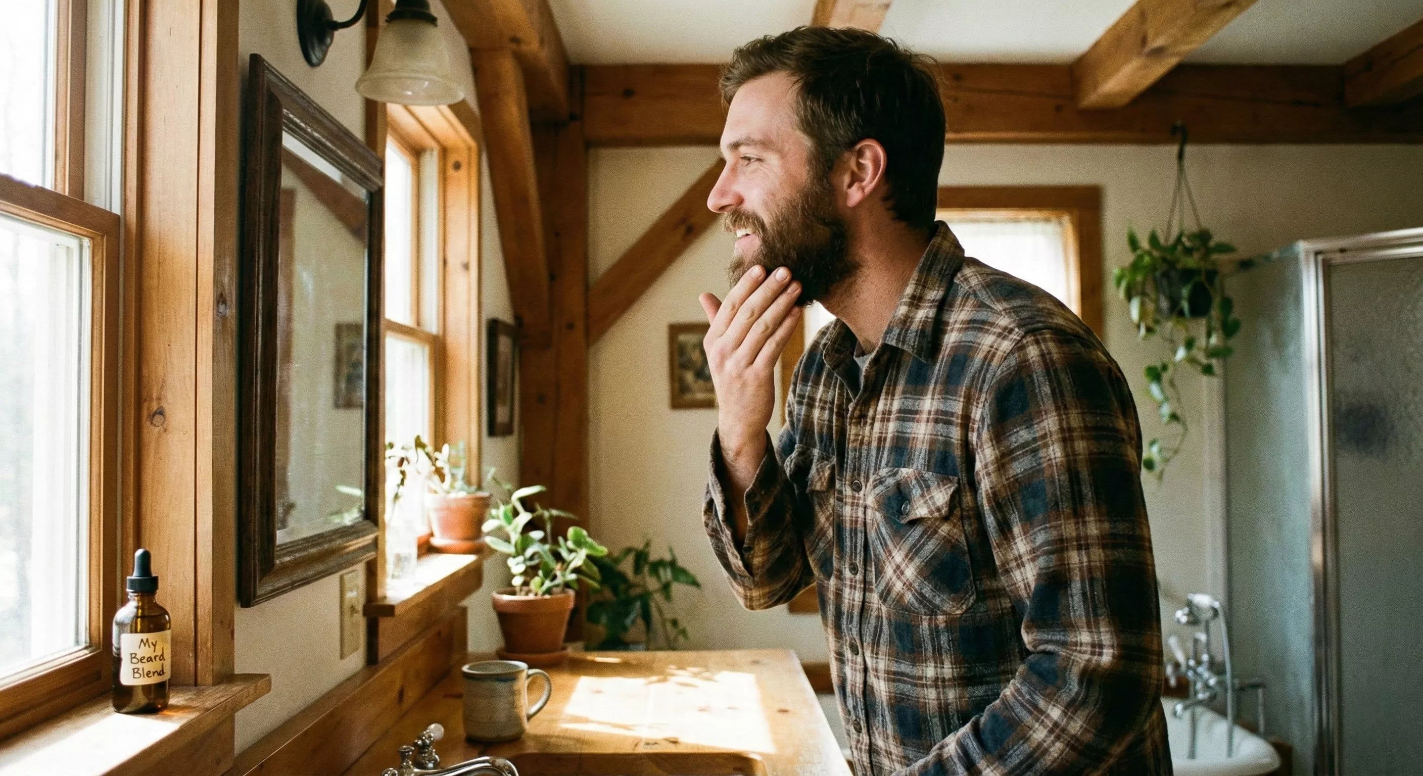 A candid shot of a man with a beard applying homemade beard oil in a sunlit bathroom