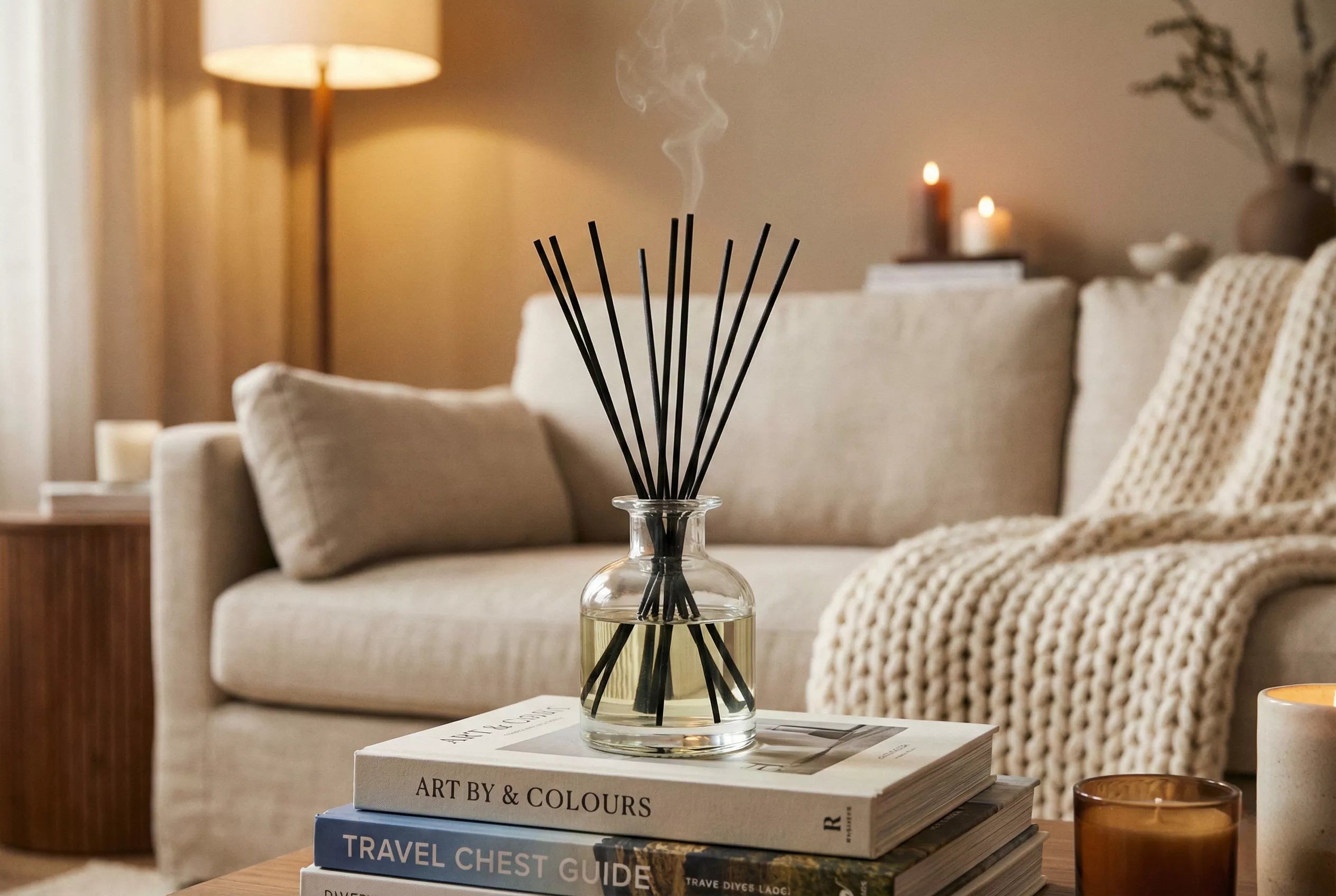 Elegant reed diffuser on coffee table styling