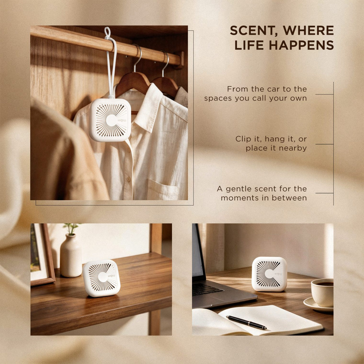 Same white case hanging from a closet rail, standing on a wooden shelf and placed on a desk