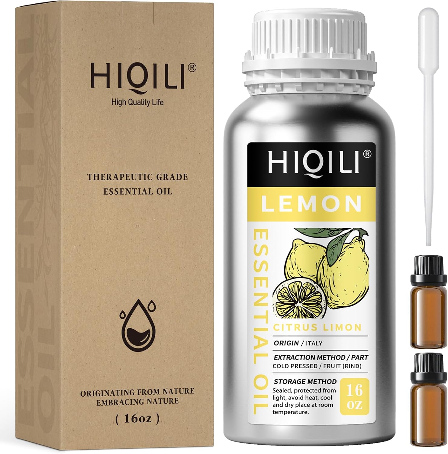 HIQILI Lemon Essential Oil 16oz bottle with packaging box, dropper and sample bottles, cold pressed Citrus Limon essential oil from Italy