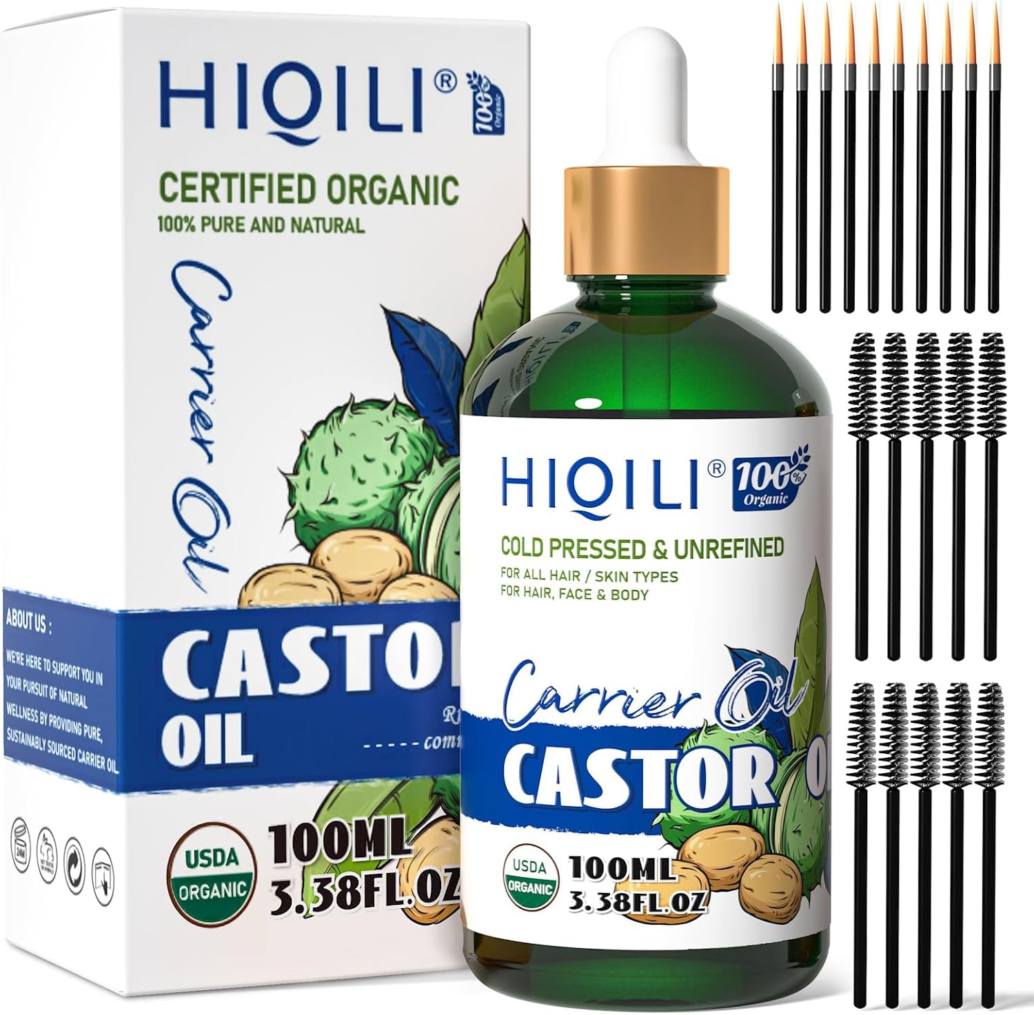 Organic Castor Oil - Cold-Pressed Carrier Oil for Hair, Lashes & Brows