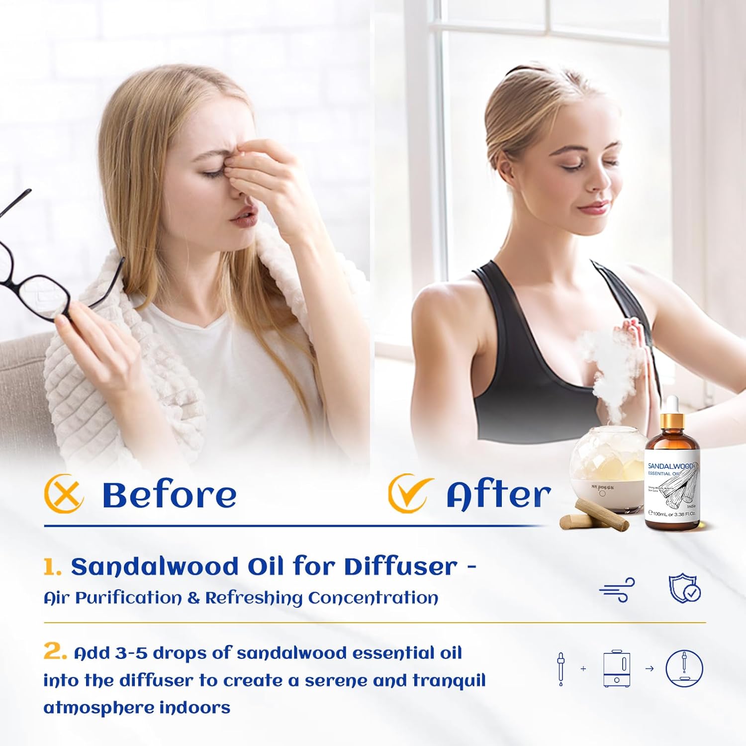 HIQILI Before and after using HIQILI Sandalwood Oil in a diffuser for air purification and refreshing concentration.