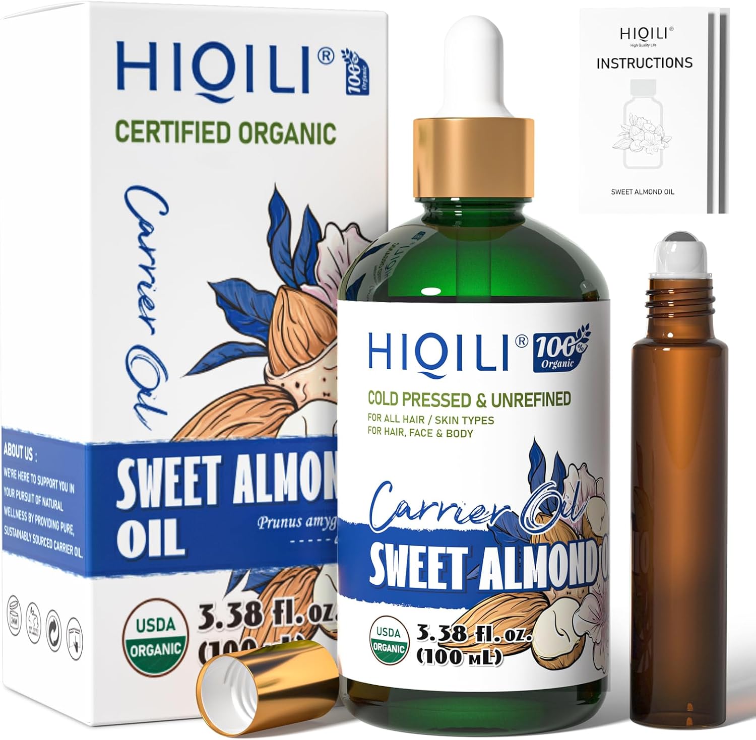 Organic Sweet Almond Oil - Cold-Pressed Carrier Oil for Massage & Body Care
