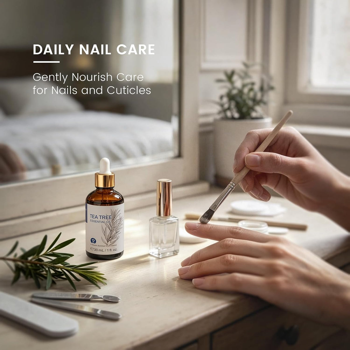 Hands applying diluted tea tree essential oil to nails and cuticles