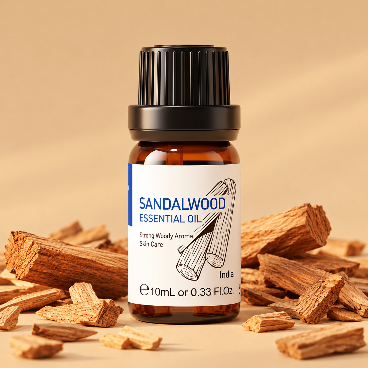 HIQILI Sandalwood Essential Oil 10 mL amber bottle with sandalwood chips