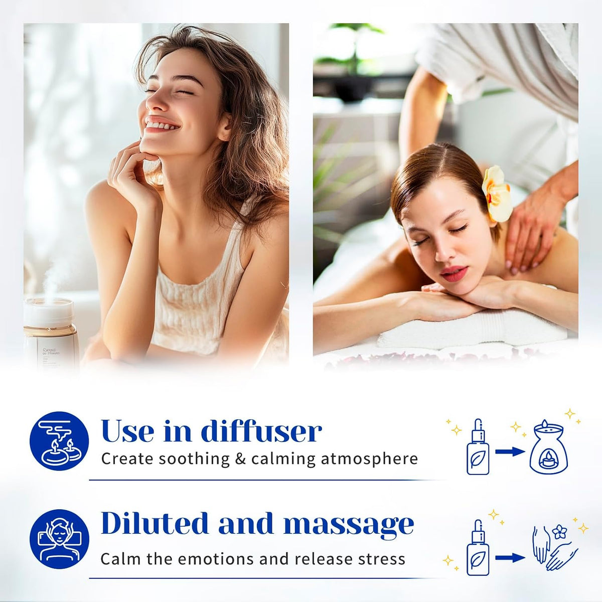 HIQILI Bergamot Essential Oil graphic showing diffuser and diluted massage use