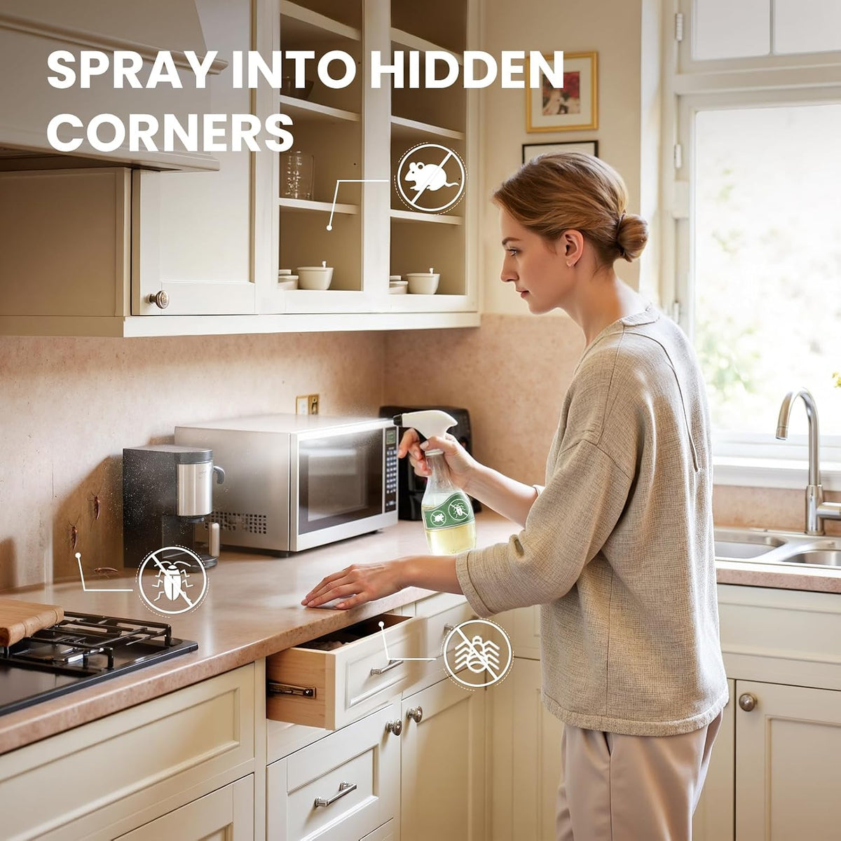 Woman spraying hidden kitchen corners with a peppermint essential oil repellent spray