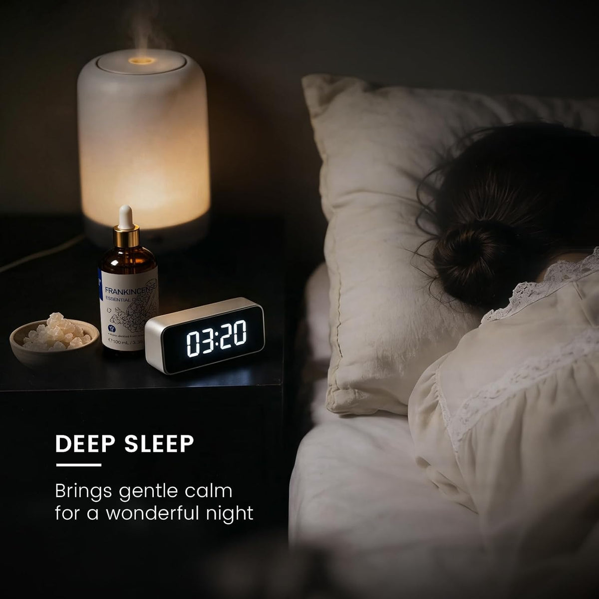 Bedside lamp and diffuser beside a sleeping person using HIQILI Frankincense Essential Oil