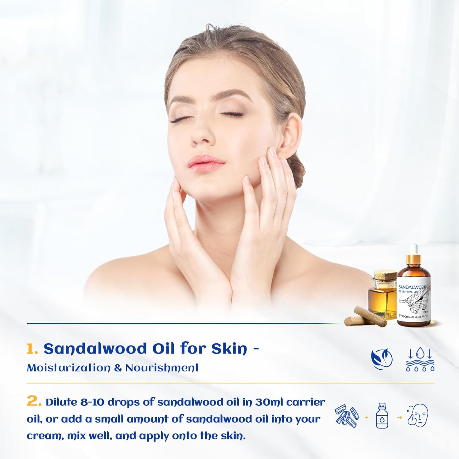 HIQILI Woman enjoying skin moisturization and nourishment after applying diluted HIQILI Sandalwood Essential Oil.