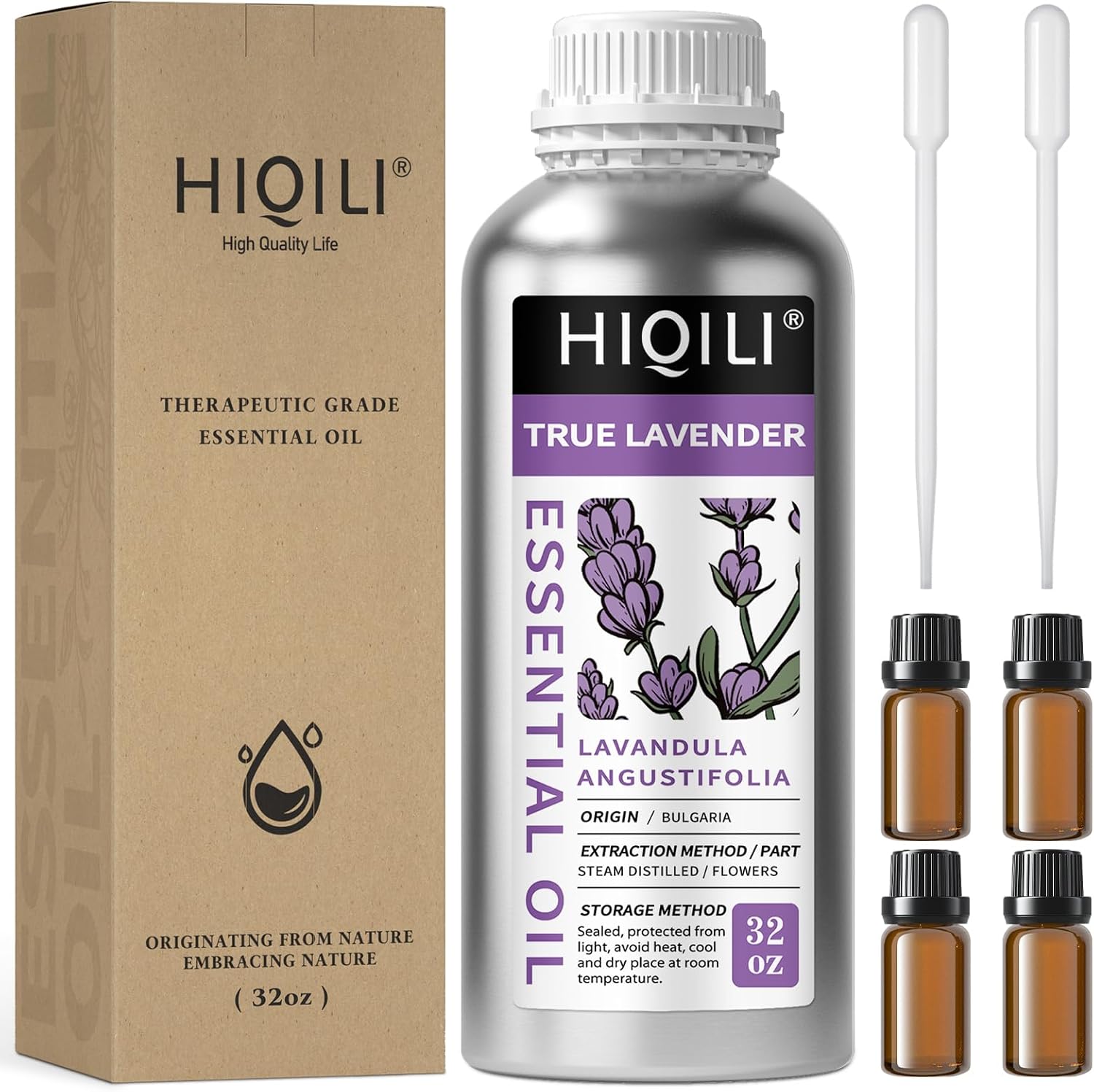 HIQILI 32oz True Lavender Essential Oil bulk bottle with kraft gift box, white container, purple lavender label, dropper accessories, and product details showing Lavandula Angustifolia, Bulgaria origin, steam distilled from flowers.