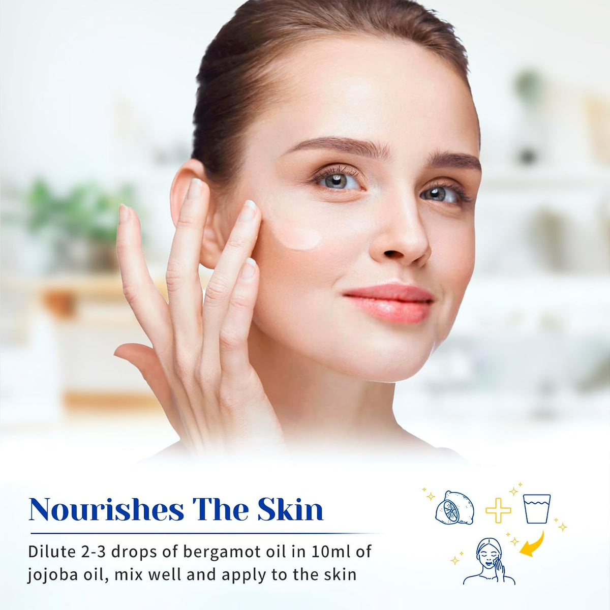 Woman applying diluted bergamot essential oil to her face