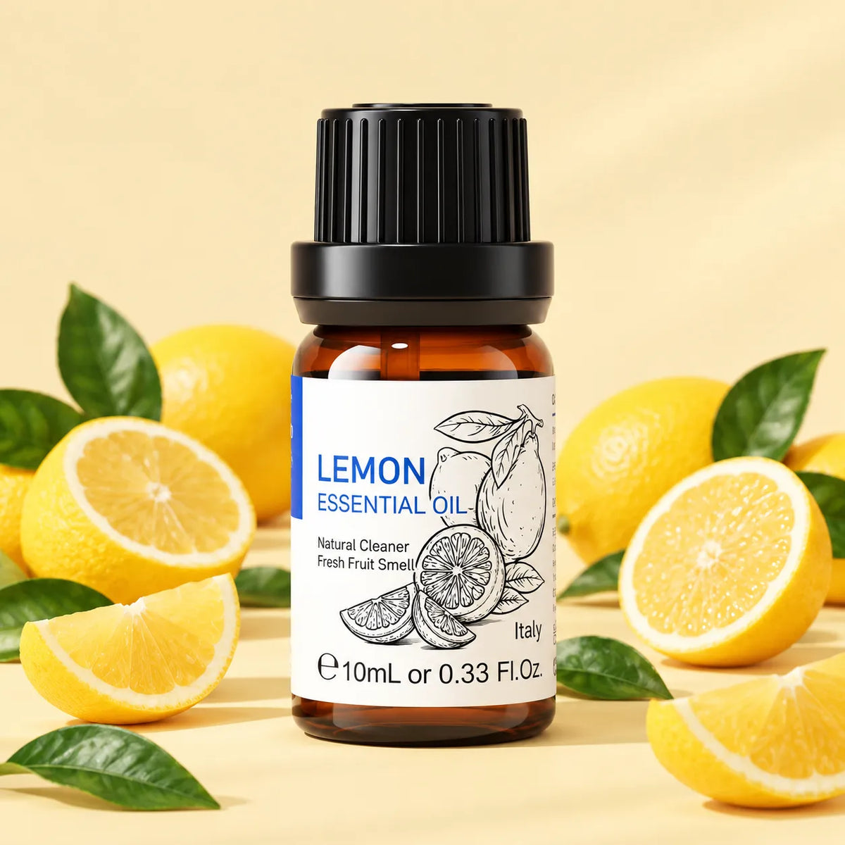 HIQILI Lemon Essential Oil 10 mL amber bottle with fresh lemons