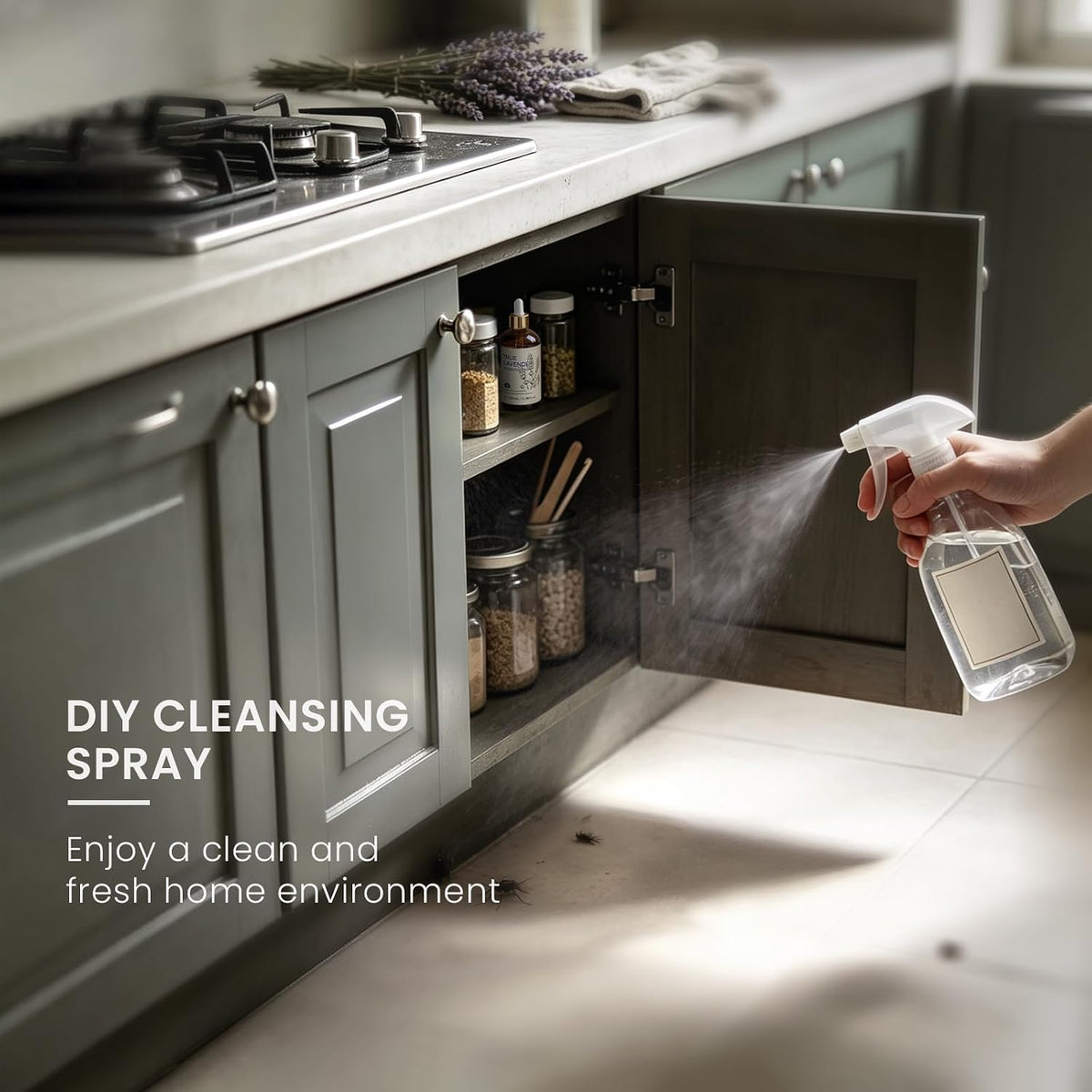 Hand spraying a kitchen cabinet with a homemade lavender essential oil cleansing spray