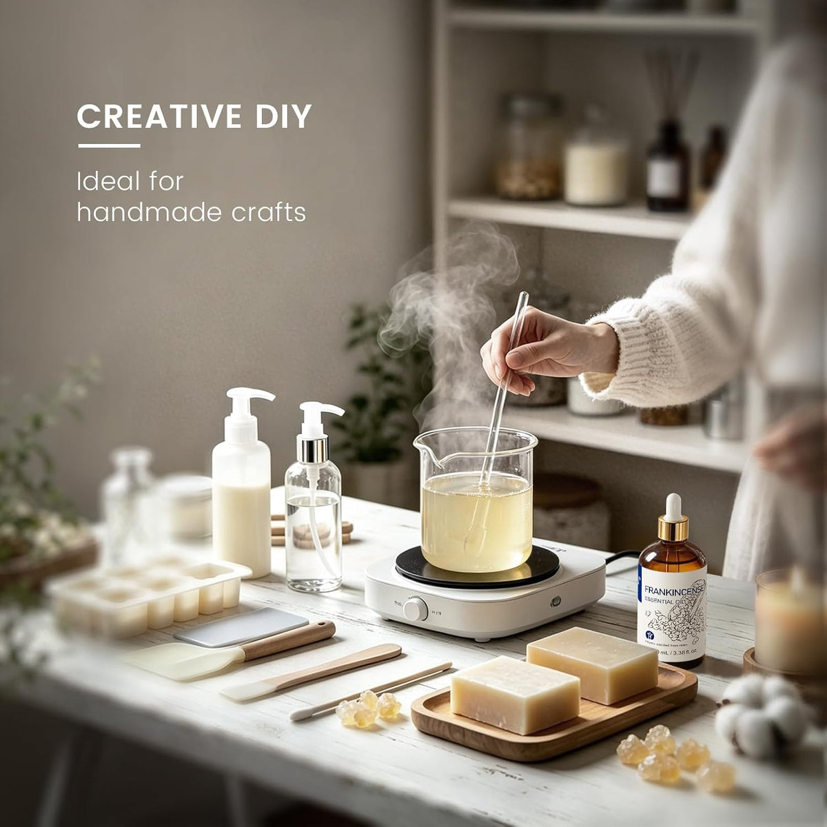 Hands making soap and candles with HIQILI Frankincense Essential Oil