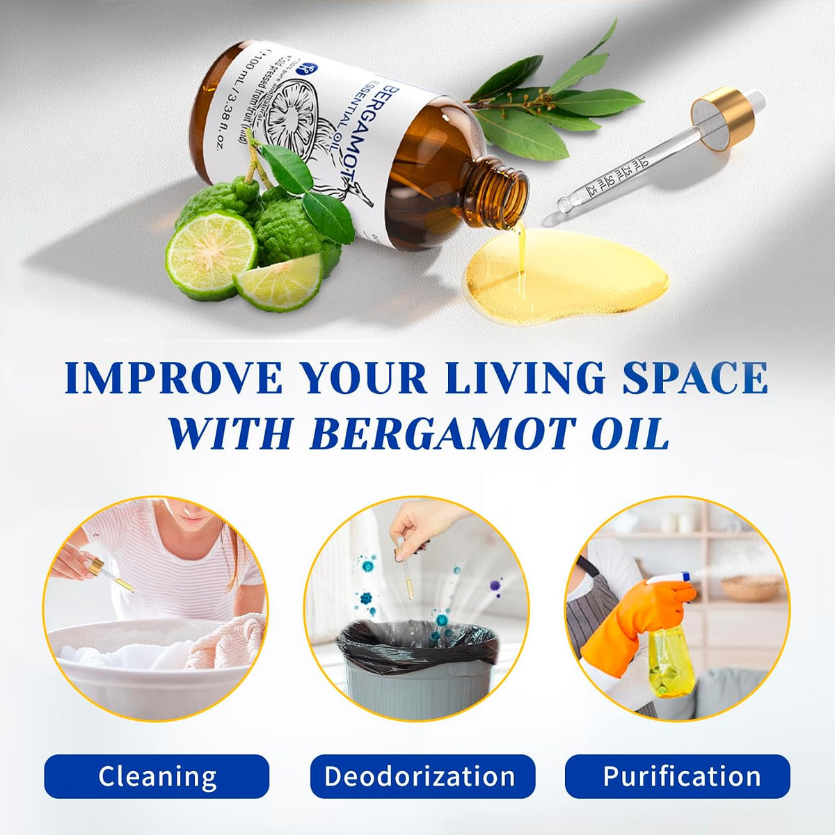 HIQILI Bergamot Essential Oil graphic for cleaning, deodorization and purification at home