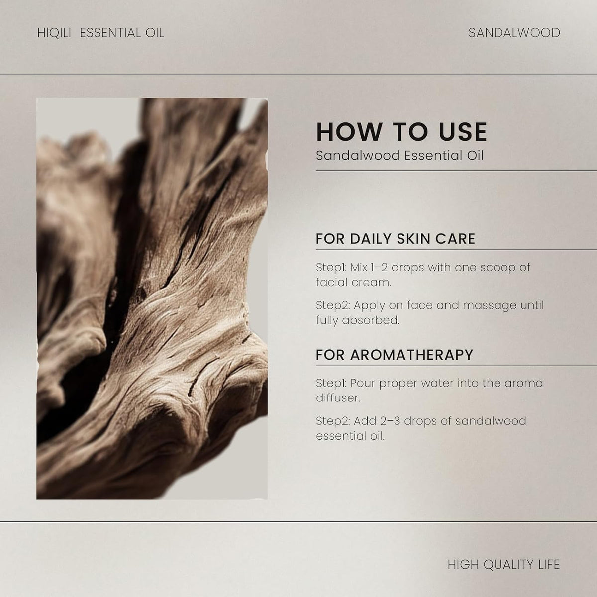 HIQILI Sandalwood Essential Oil how-to-use card for skin care and aromatherapy