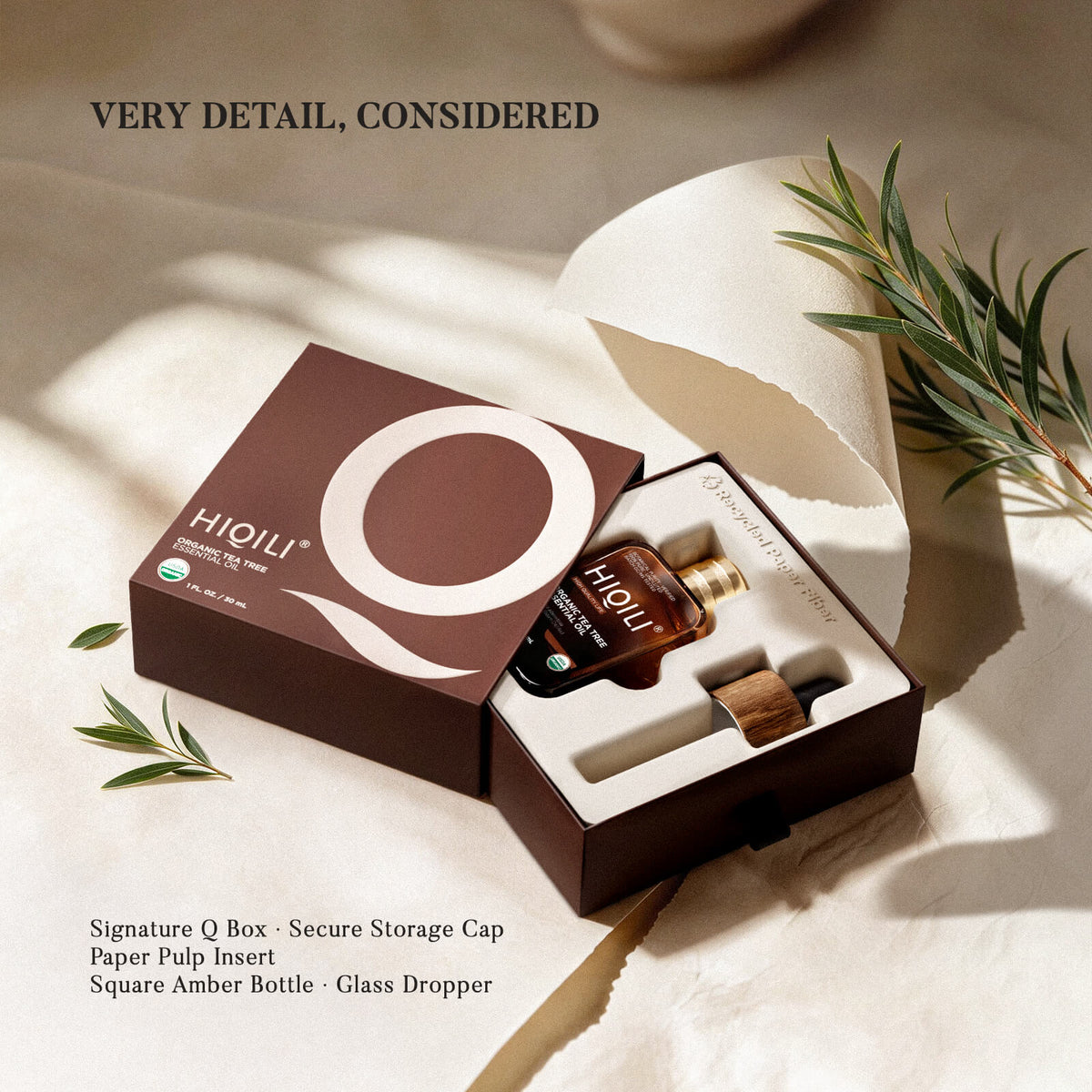 HIQILI organic tea tree oil shown for nail, scalp, hair and laundry routines