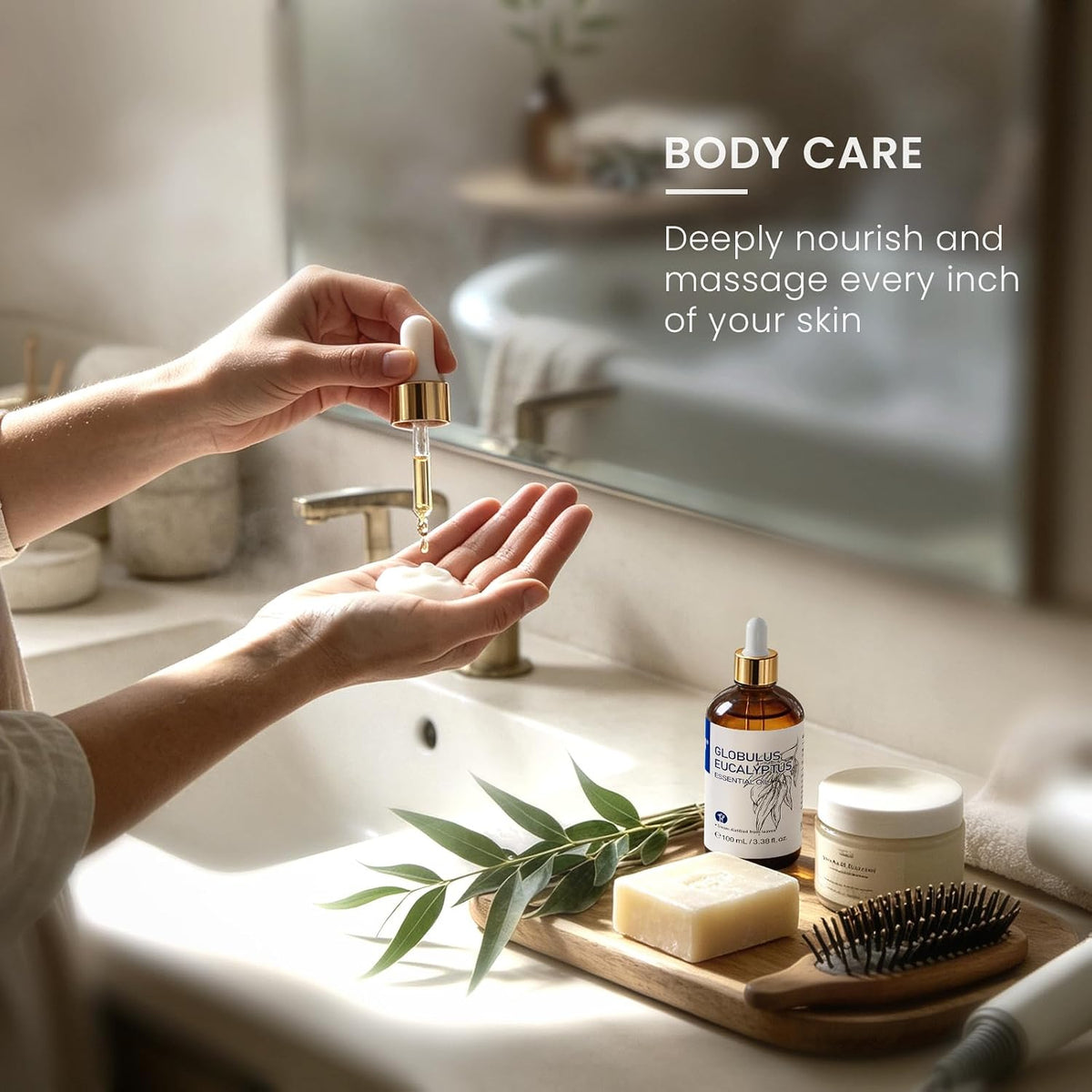 Hands pouring HIQILI Globulus Eucalyptus Essential Oil into a body care blend at a sink