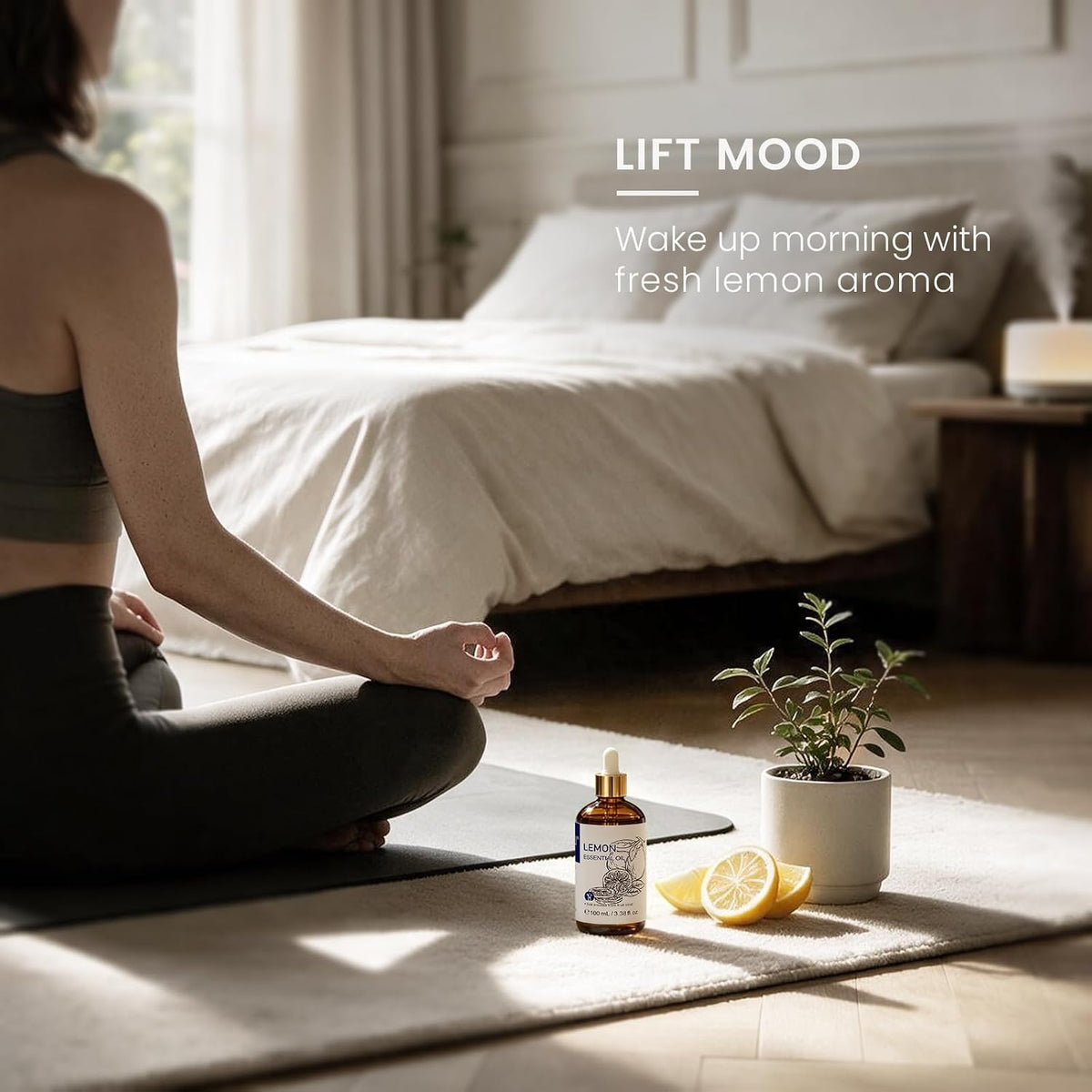 Woman stretching in the morning beside a lemon essential oil diffuser