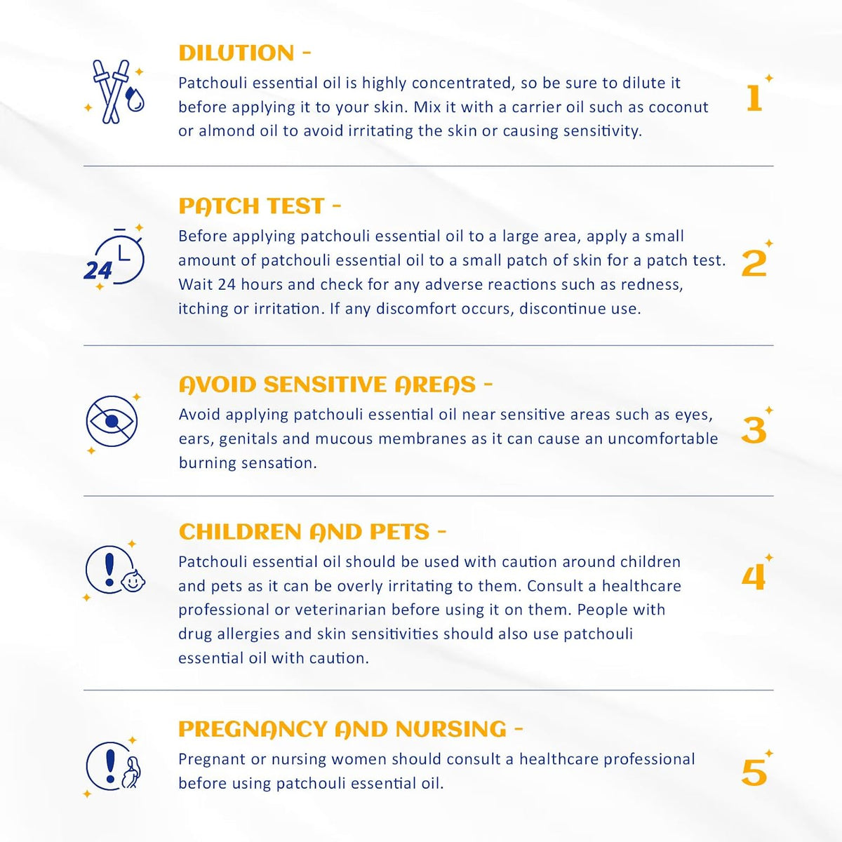 HIQILI Bergamot Essential Oil safety card covering dilution, patch test and sensitive groups