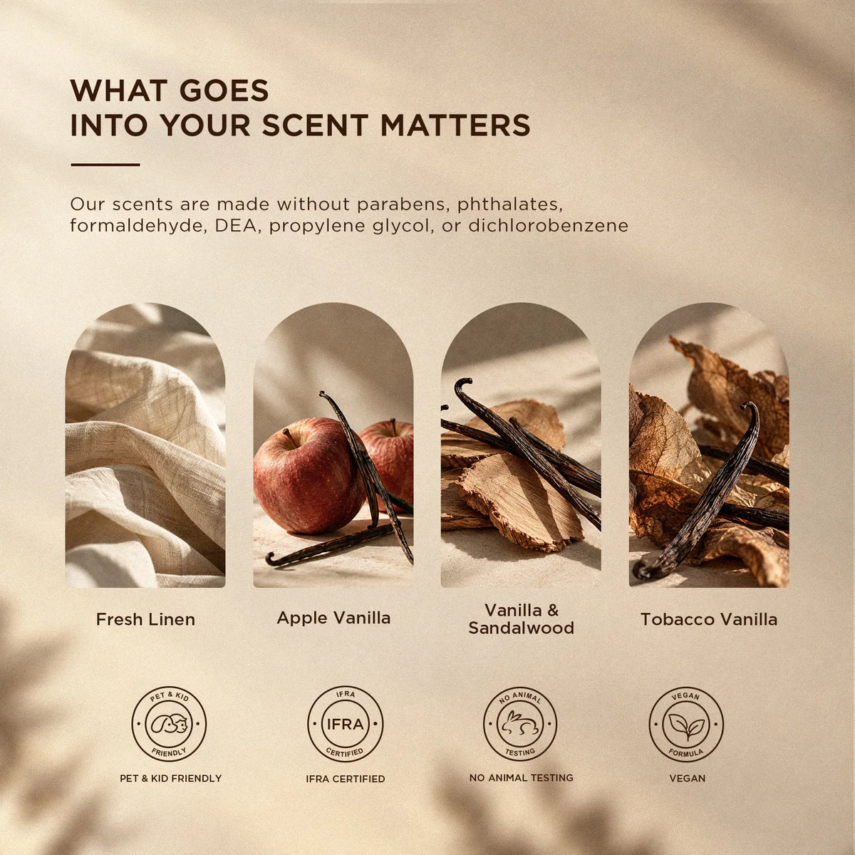 Folded linen, apples, sandalwood and vanilla pods showing the HIQILI fresh linen scent family