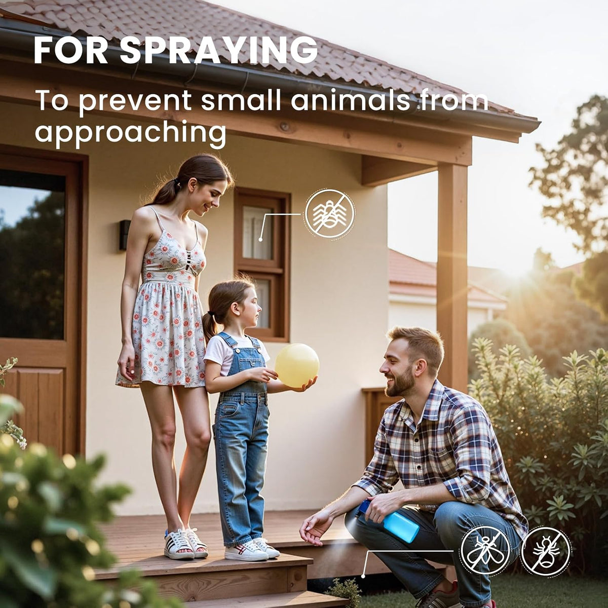 Family on a porch protected by a peppermint essential oil spray against small animals