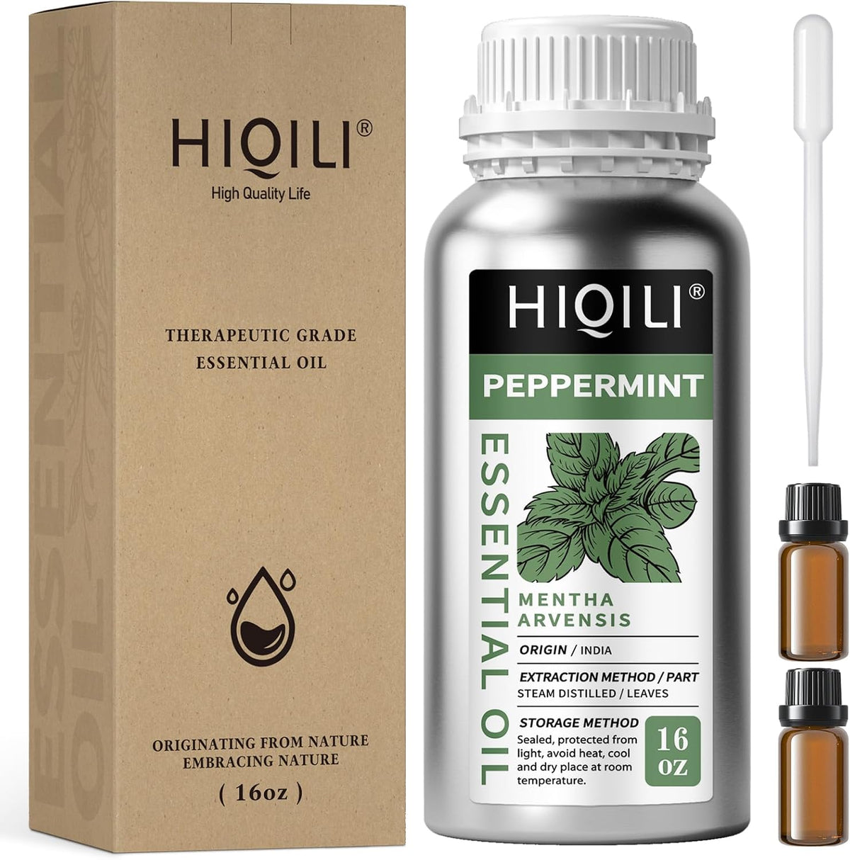 HIQILI Peppermint Essential Oil 10 mL set of silver bottles with droppers