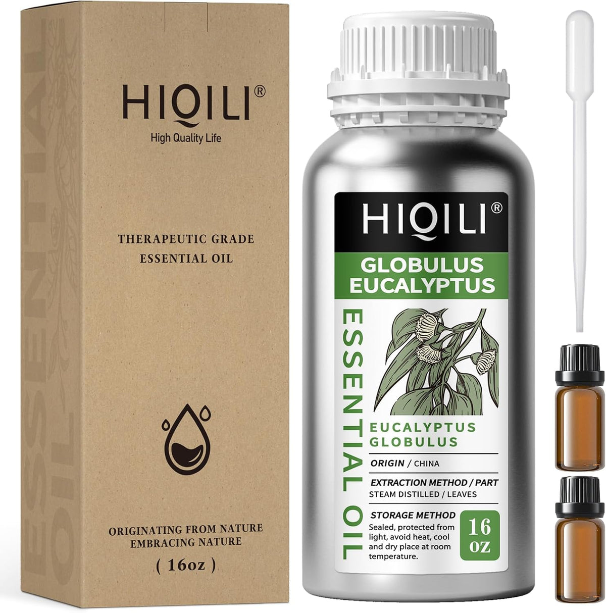 HIQILI Globulus Eucalyptus Essential Oil 10 mL set of silver bottles with droppers