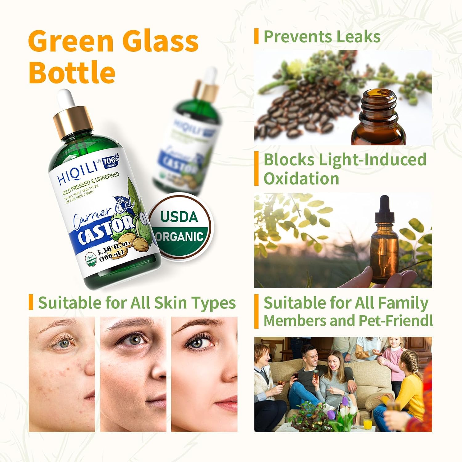 Organic Castor Oil - Cold-Pressed Carrier Oil for Hair, Lashes & Brows