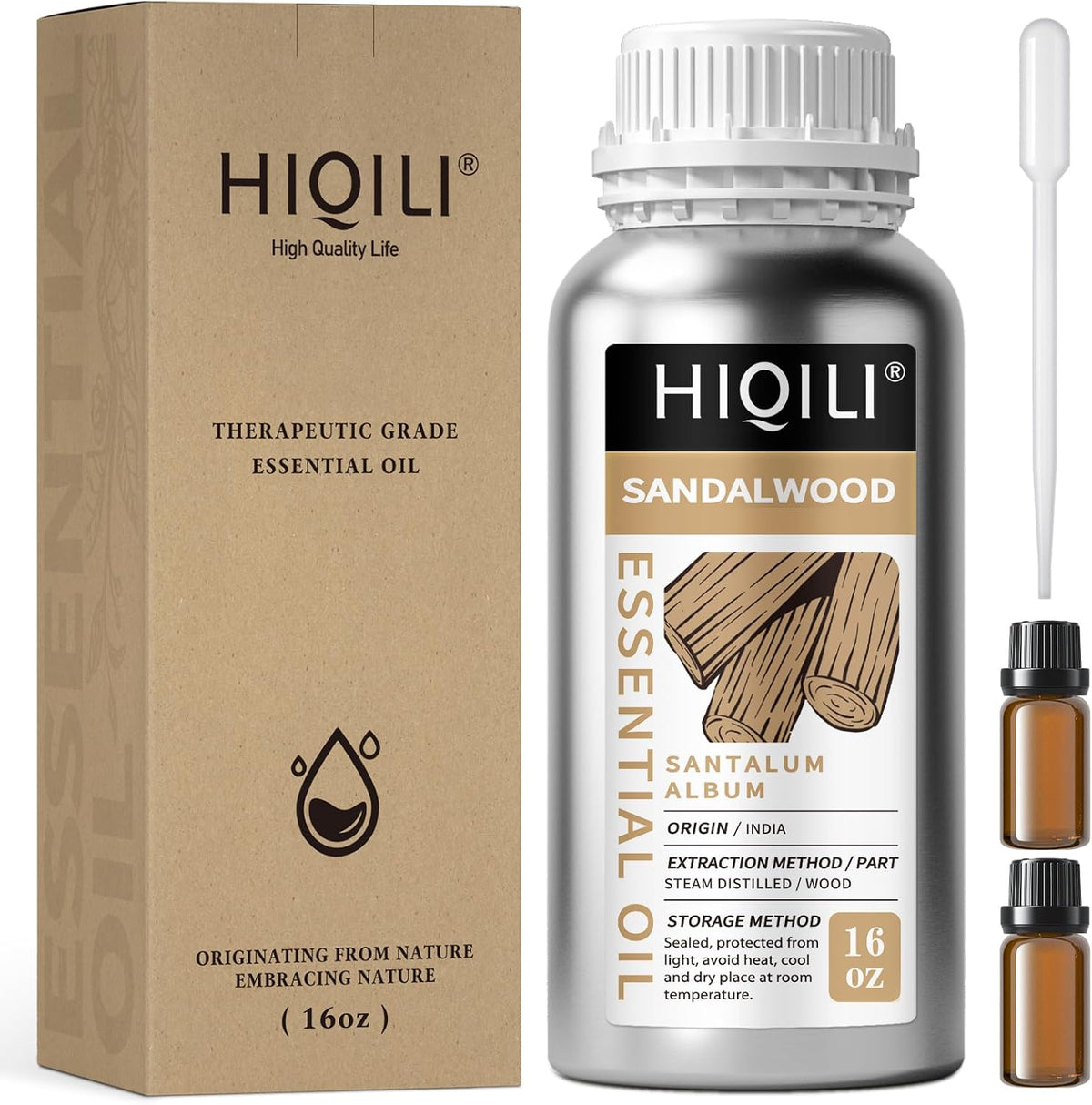 HIQILI Sandalwood Essential Oil 10 mL set of silver bottles with droppers