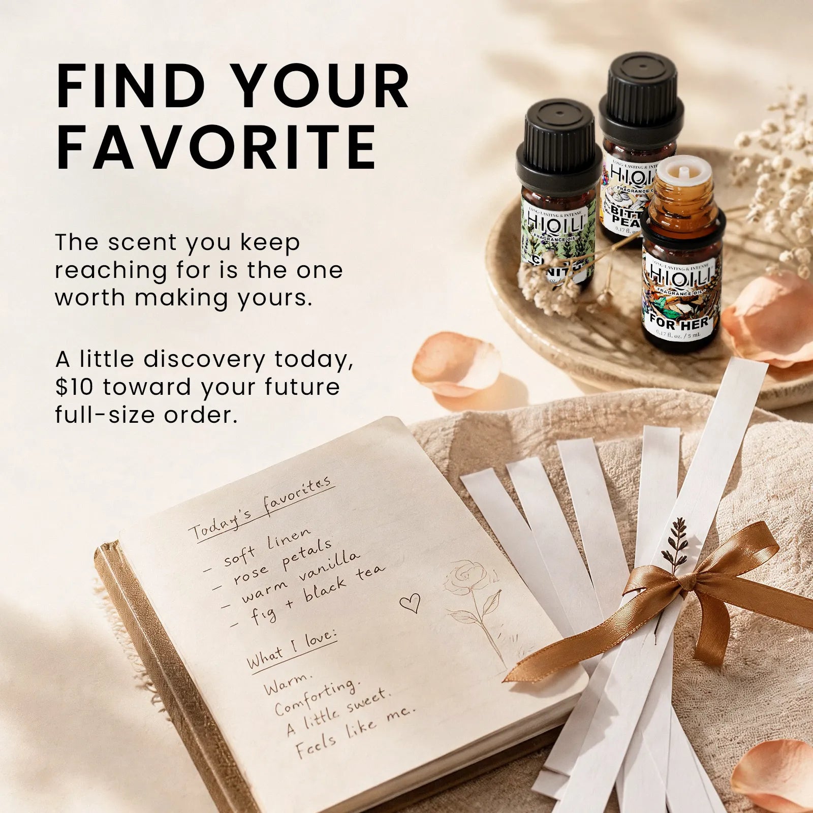 Discover your favorite fragrance with HIQILI fragrance oils, scent strips, handwritten notes, and a personalized scent selection experience