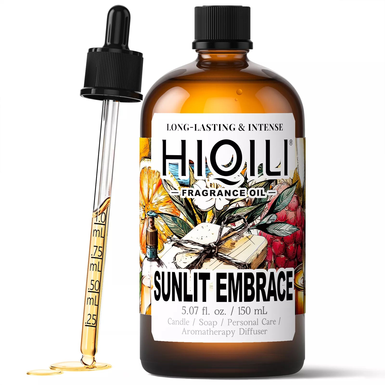 A 150mL bottle of sunlit embrace fragrance oil in an amber glass bottle with a dropper. The label is visible.