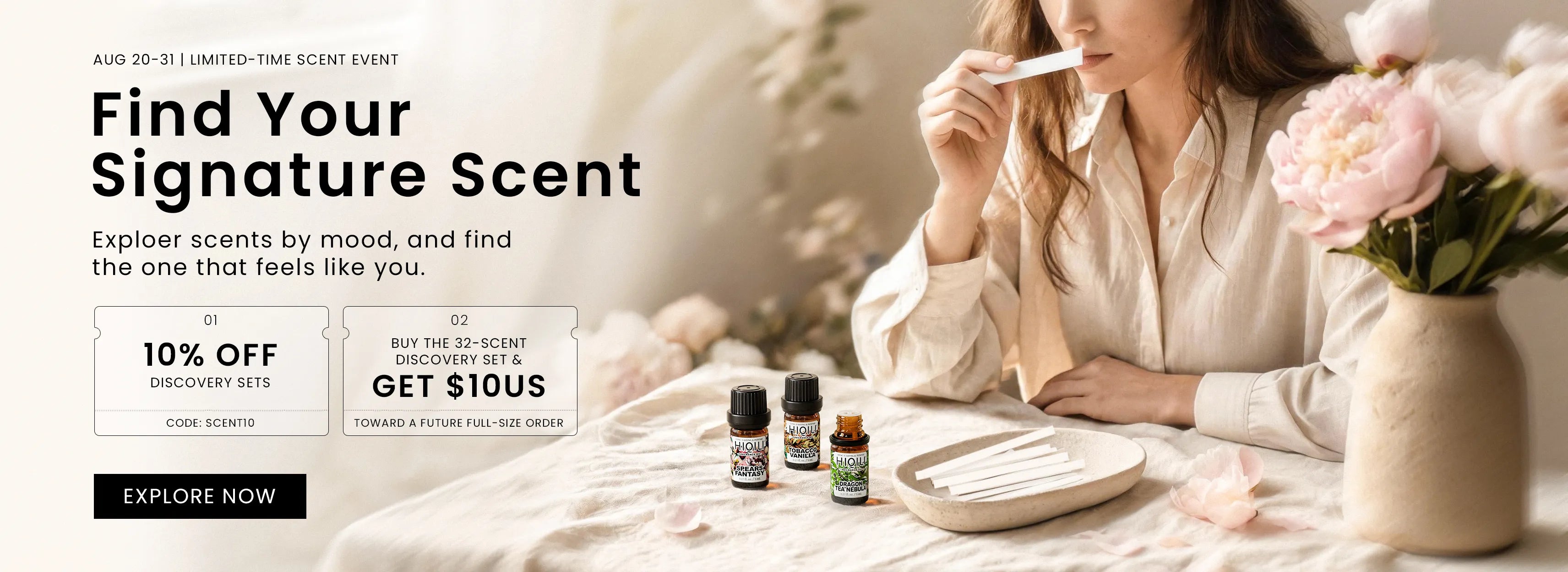 HIQILI fragrance discovery event banner featuring a woman testing scents with fragrance oils, scent strips, and floral styling