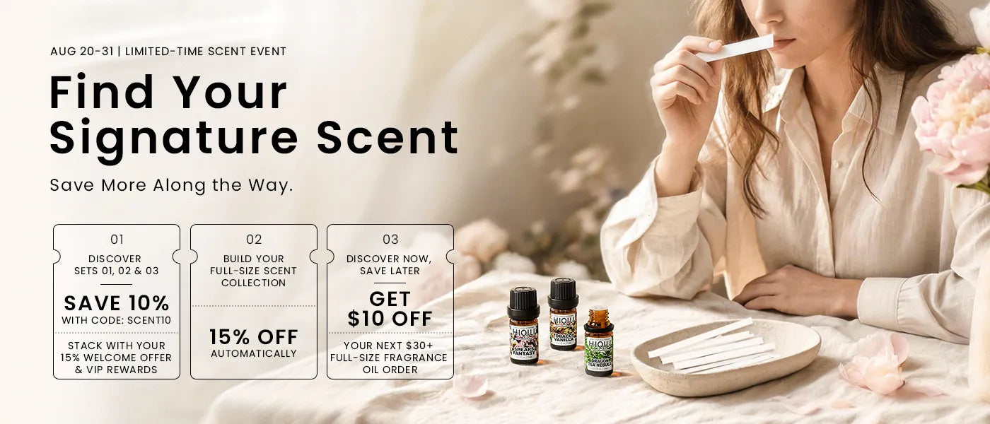 HIQILI fragrance event promotion banner showing scent discovery offers, fragrance oils, and a woman choosing her favorite aroma