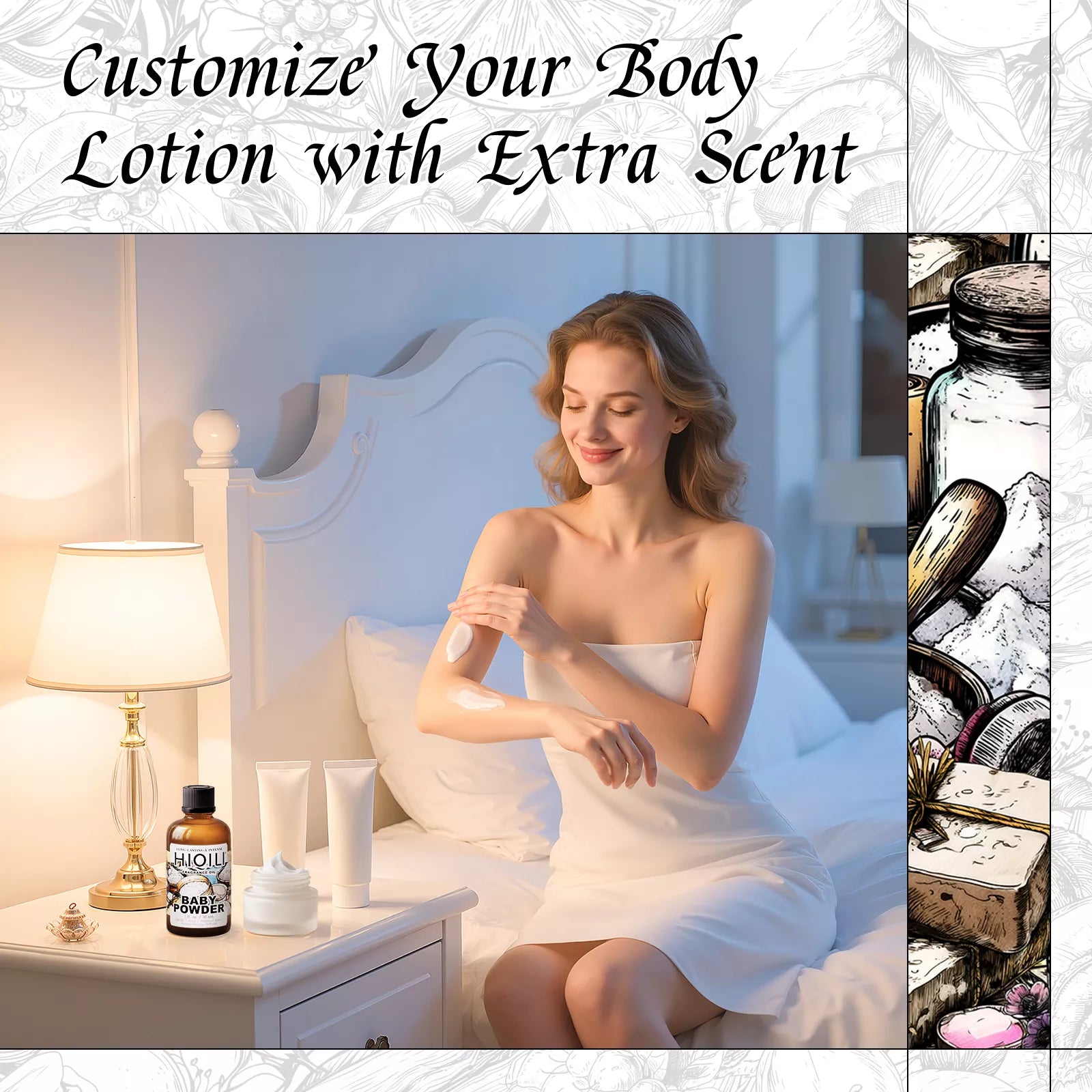 Baby Powder fragrance oil shown with body lotion for adding extra scent to personal care products
