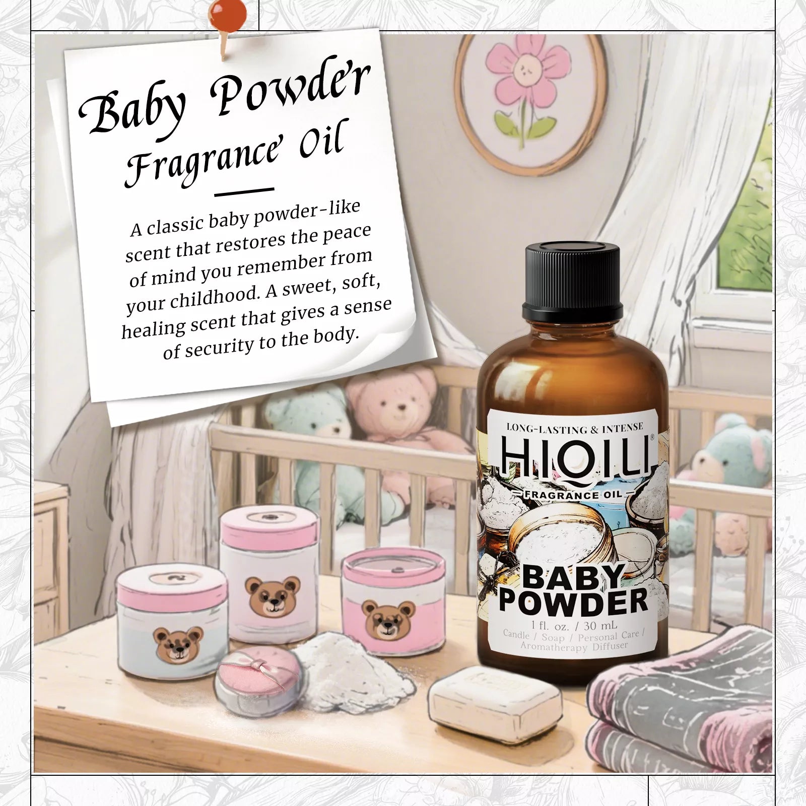 Baby Powder fragrance oil scent card with 30 mL bottle in a nursery style scene