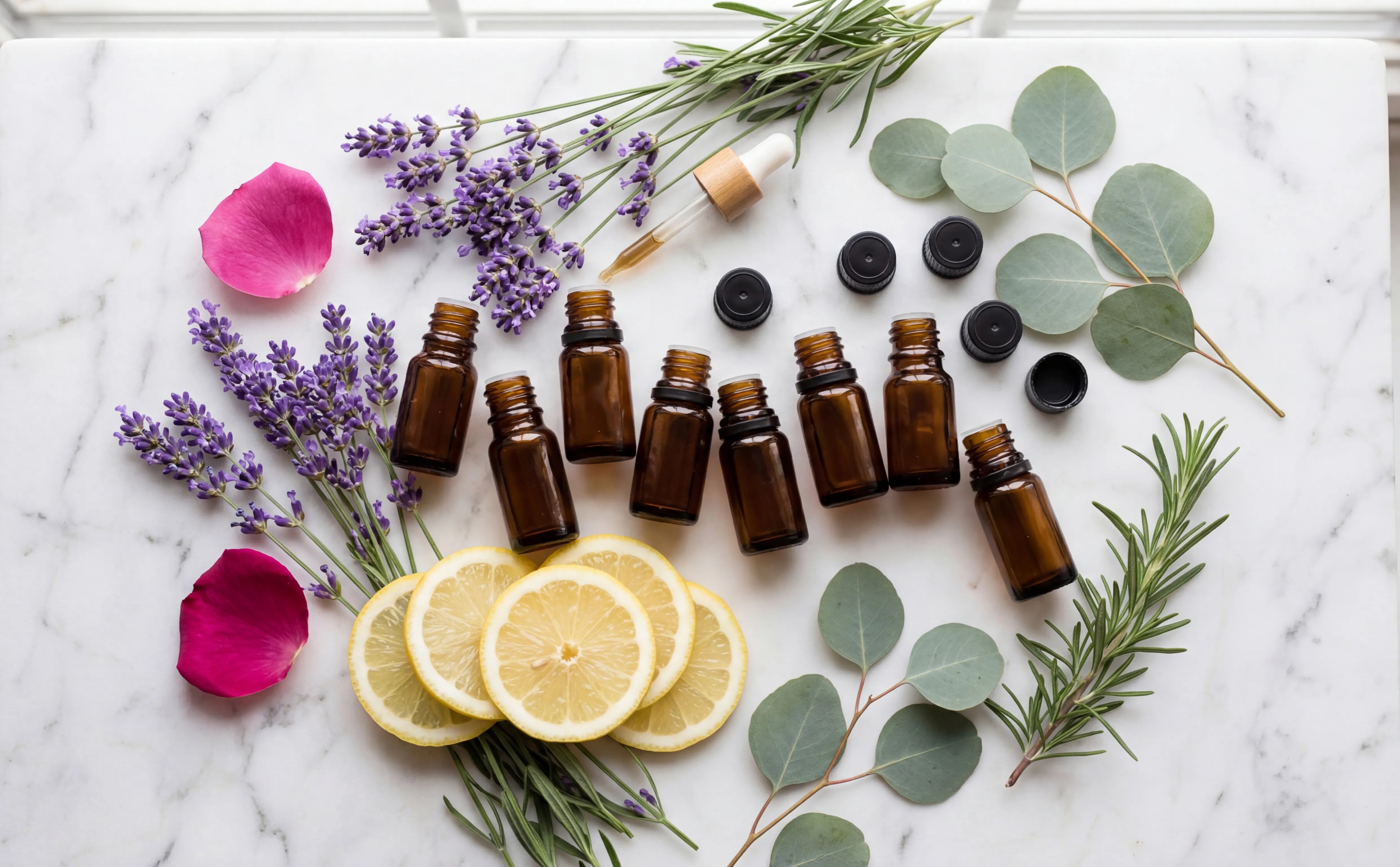 Top-down arrangement of essential oil bottles surrounded by fresh lavender, lemon, eucalyptus, and rose botanicals