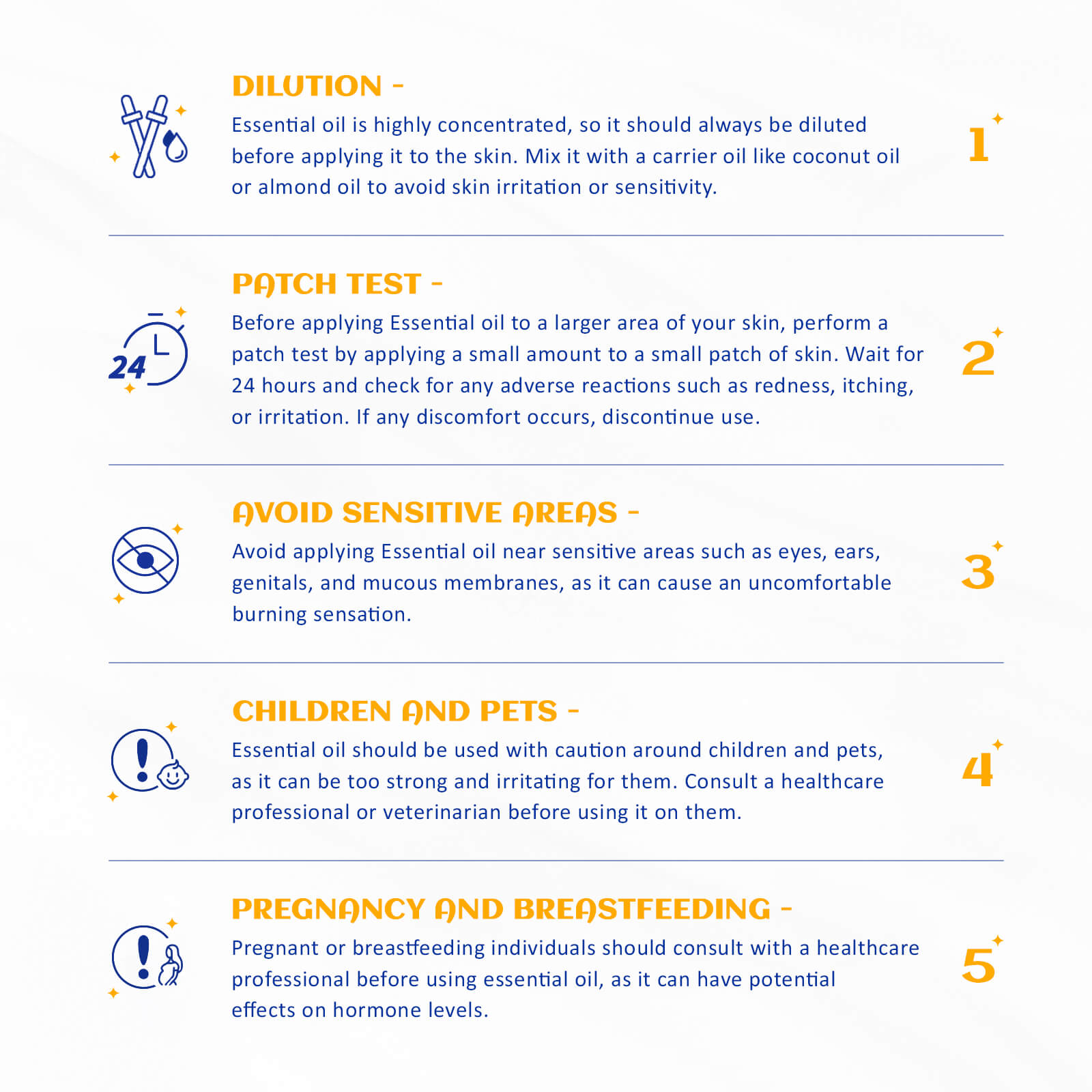 HIQILI essential oil safety guide: 5 precautions including dilution, patch test, kids, and pregnancy.