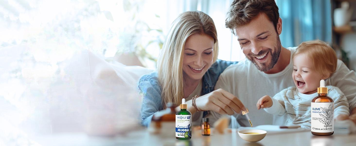 Happy family preparing a chemical-free, natural clove essential oil mouthwash at home for daily oral hygiene and fresh breath.