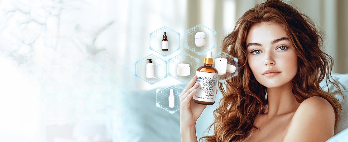 Beautiful woman showcasing the versatile daily uses of pure clove essential oil for skin care, hair nourishment, muscle massage, and home aromatherapy.