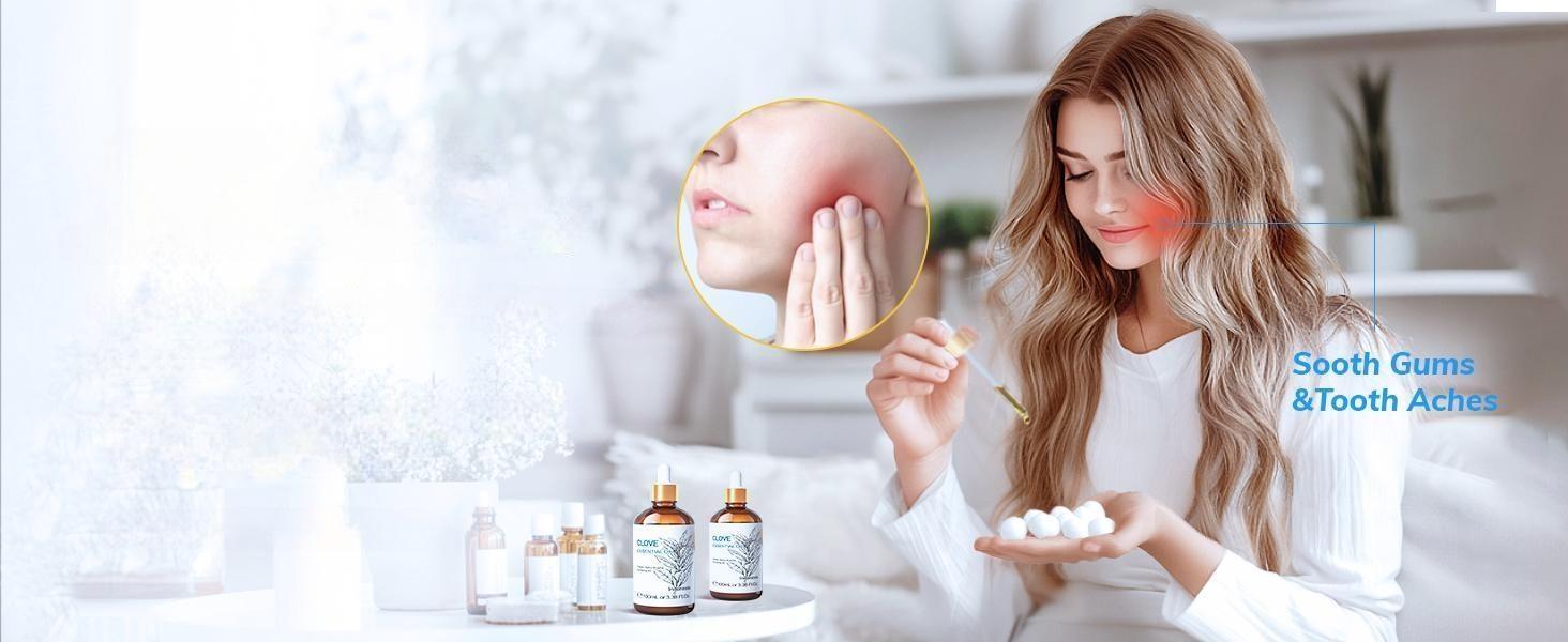 Woman using pure clove essential oil on a cotton ball for fast, natural relief from toothaches and soothing gum discomfort.