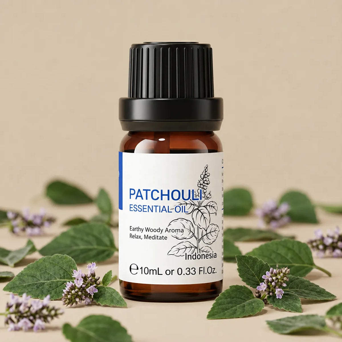 HIQILI Patchouli Essential Oil 10 mL amber bottle with patchouli leaves