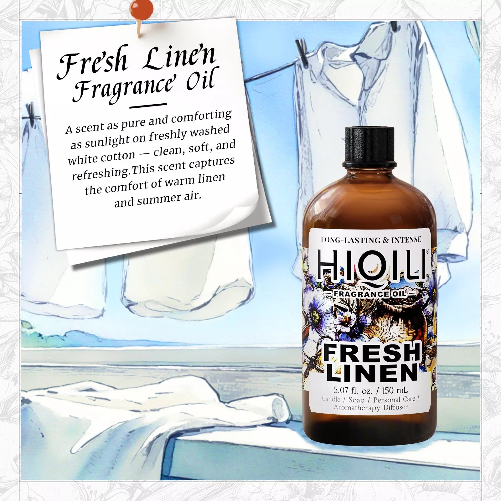 Fresh Linen fragrance oil 150 mL bottle with clean cotton scent description card