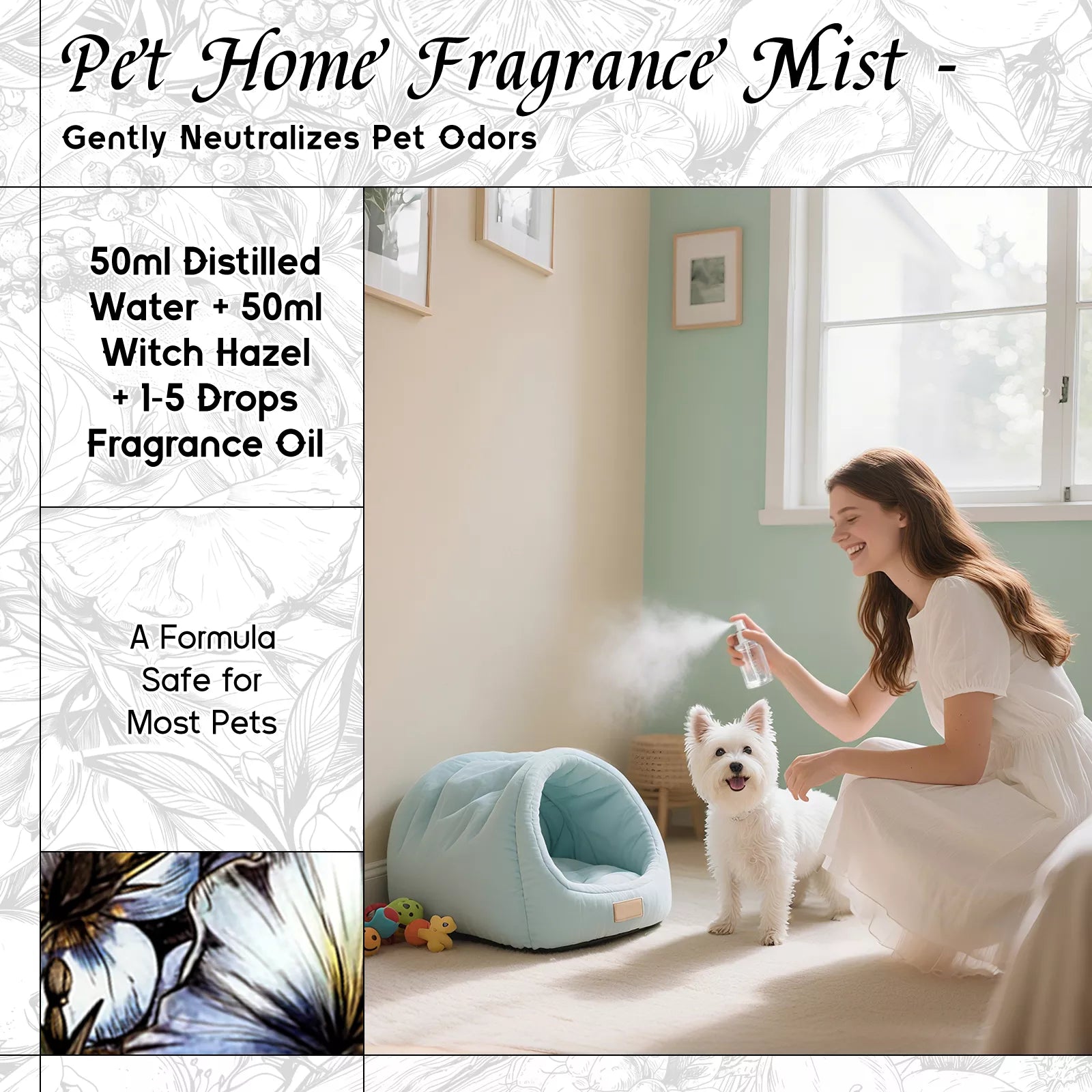 Fresh Linen fragrance oil pet home mist recipe graphic with spray bottle and white dog