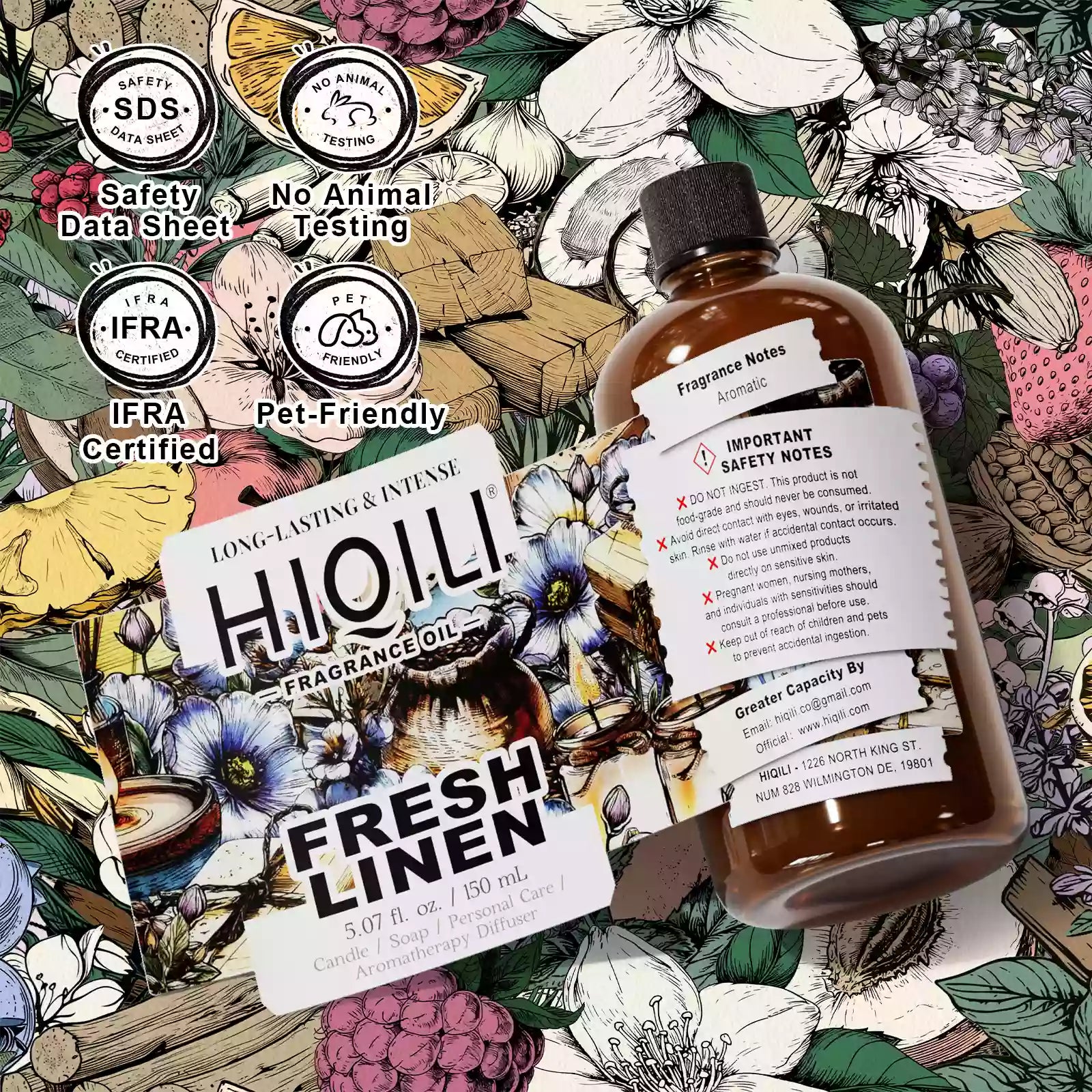 Fresh Linen fragrance oil 150 mL bottle with safety notes, SDS, IFRA and no animal testing icons