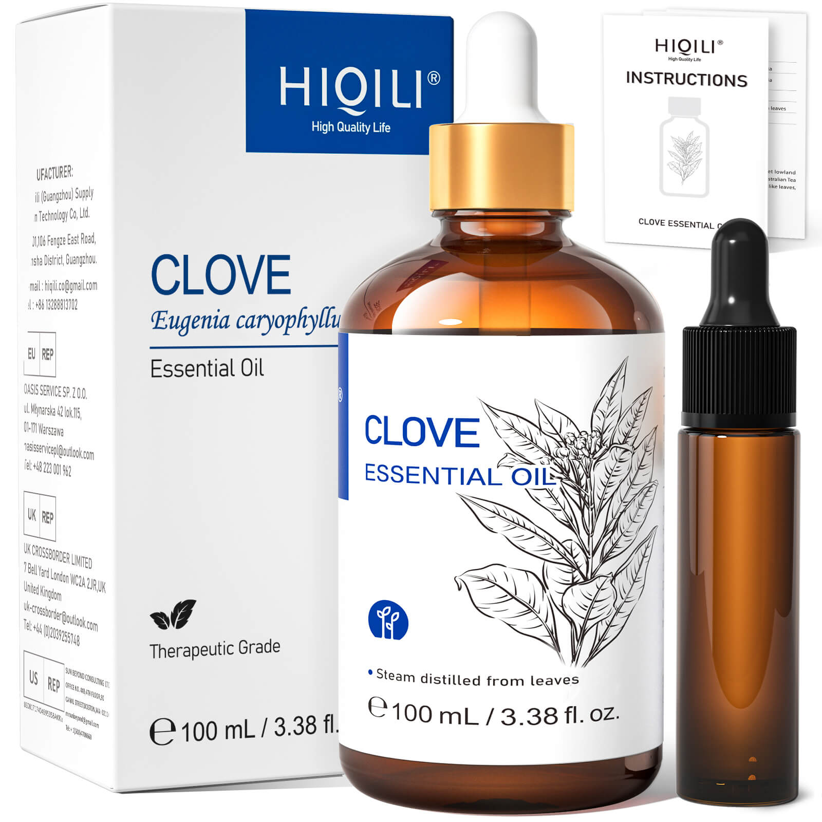HIQILI Clove Essential Oil 100 mL bottle with box, dropper, and instruction booklet for oral care, aromatherapy, skincare, and DIY use.