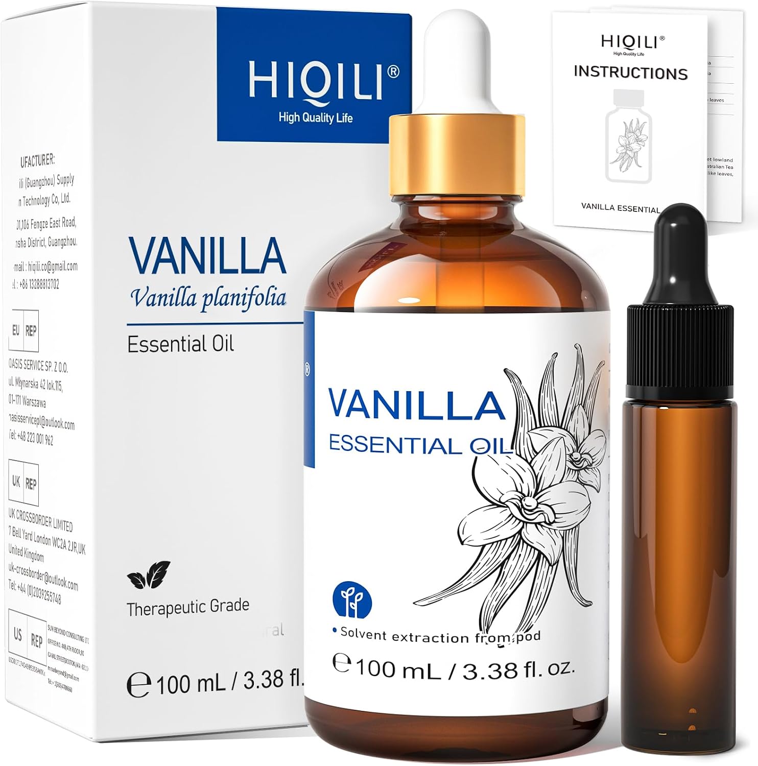 HIQILI Vanilla Essential Oil 100 mL bottle with box, dropper, and instruction booklet for skincare, aromatherapy, and DIY use.
