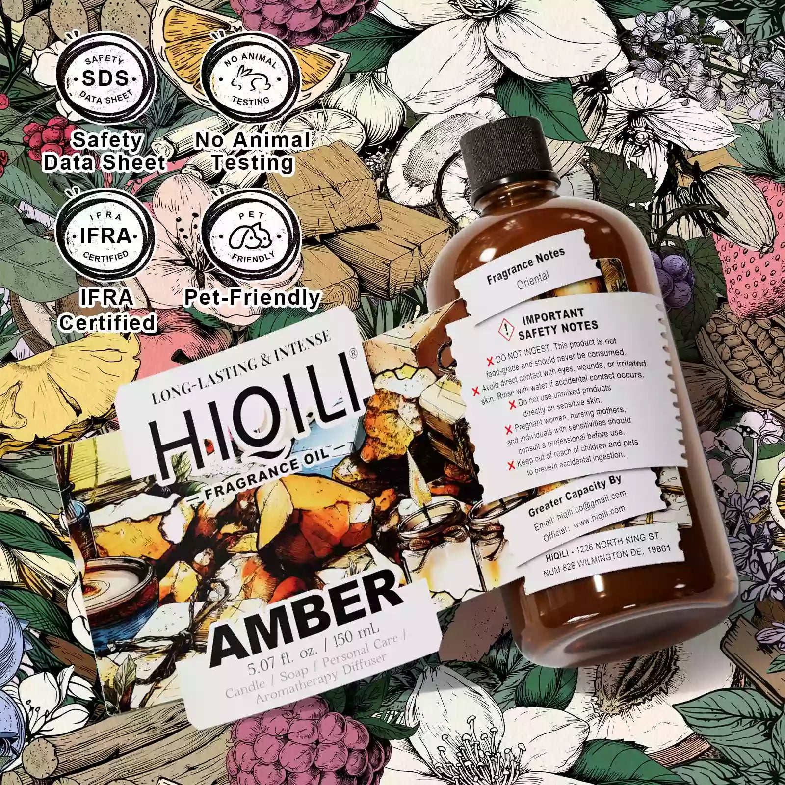 HIQILI Amber Fragrance Oil 150 mL bottle with IFRA and safety notes