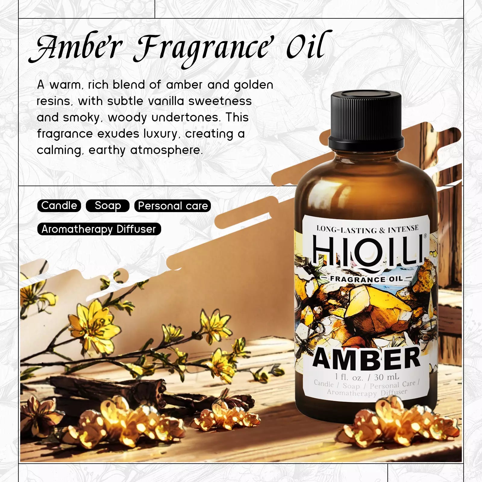 HIQILI Amber Fragrance Oil warm amber vanilla scent card